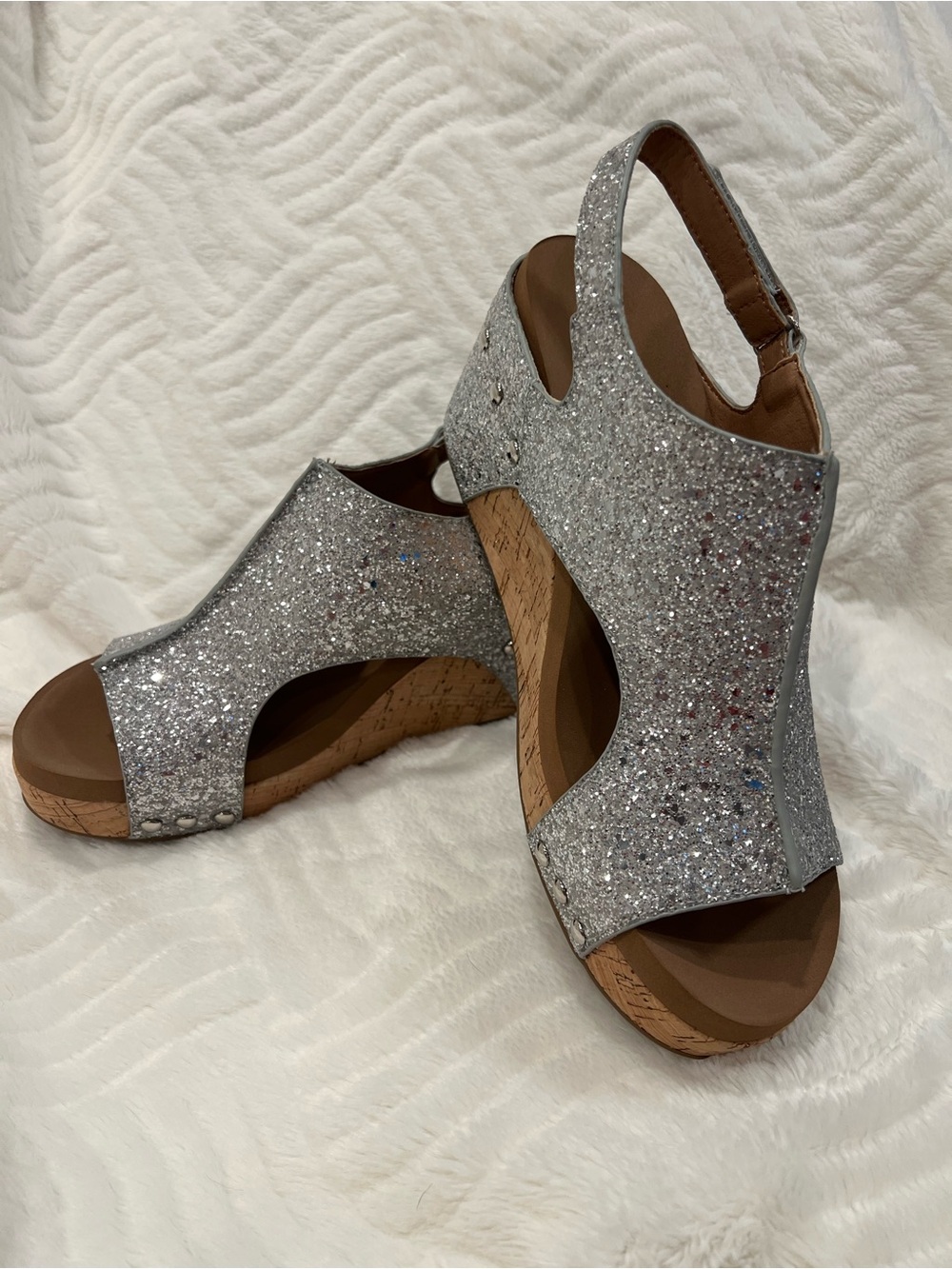 Corkys Carley Light Blue Glitter Cork Wedges - Women